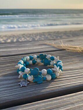 Sea Turtle & Starfish Bracelet Set | Coastal Stone Bead Bracelets | Ocean Gift